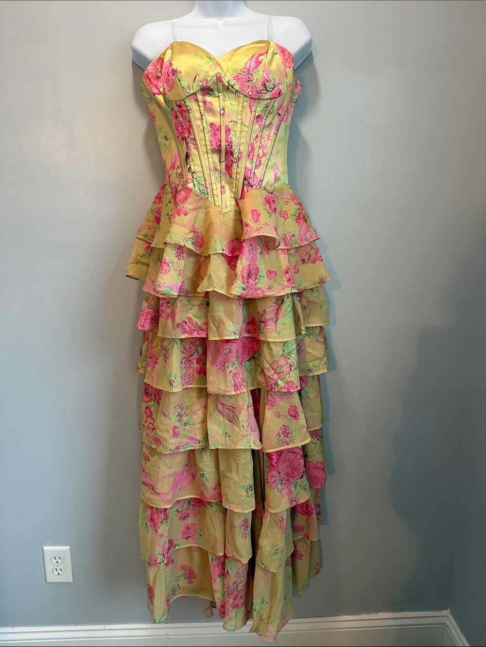 Yellow and Pink Floral Strapless Tiered Ruffle Dress